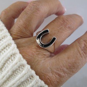 Black Onyx HORSESHOE Ring>925 Sterling Silver Horseshoe Ring,Onyx Ring,Horseshoe